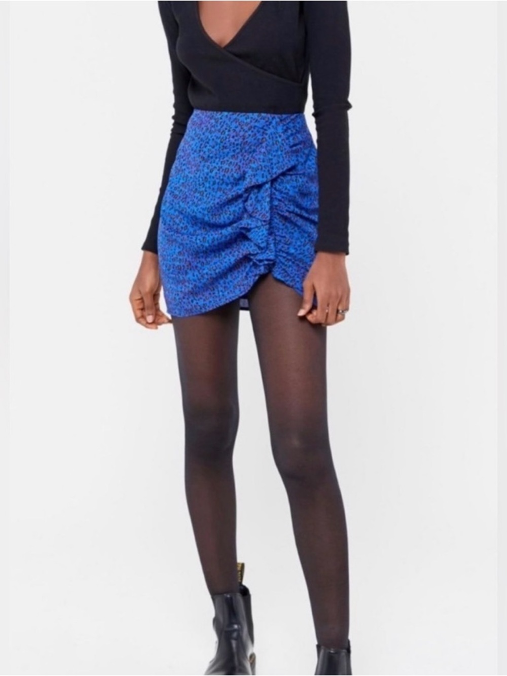 Urban Outfitters Blue Ruched Animal-Print Mini Skirt